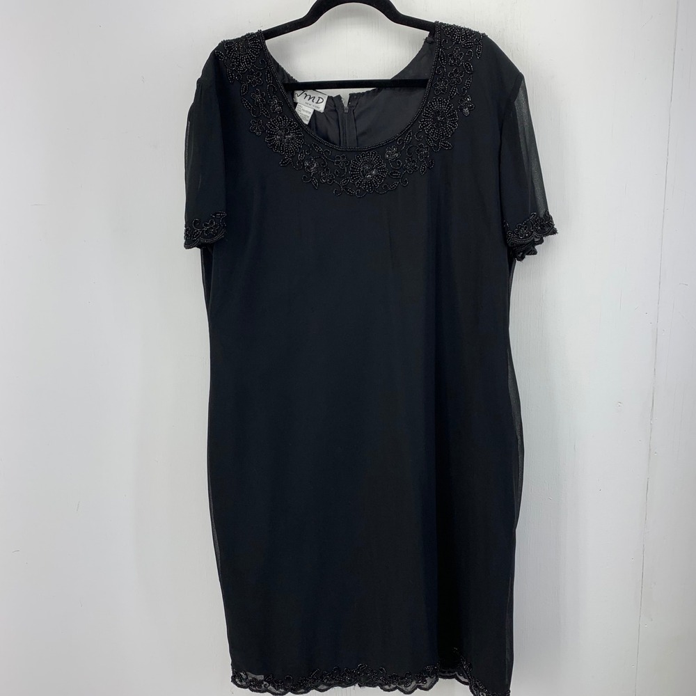 Vintage JMD New York Black Beaded Sequin Shift Dress Womens 14 MOB Event 90s